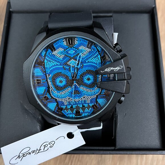 NEW Ed Hardy Blue Skull Mens Watch - Picture 1 of 11